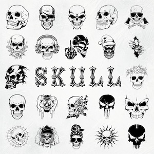 K&ouml;nnte beinhalten: Eine Sammlung von 25 schwarzen und wei&szlig;en Sch&auml;del-Illustrationen. Die Sch&auml;del sind in verschiedenen Stilen gehalten, darunter Pirat, Biker und traditionell. Das Wort "SKULL" ist oben im Bild in einer dekorativen Schriftart geschrieben.