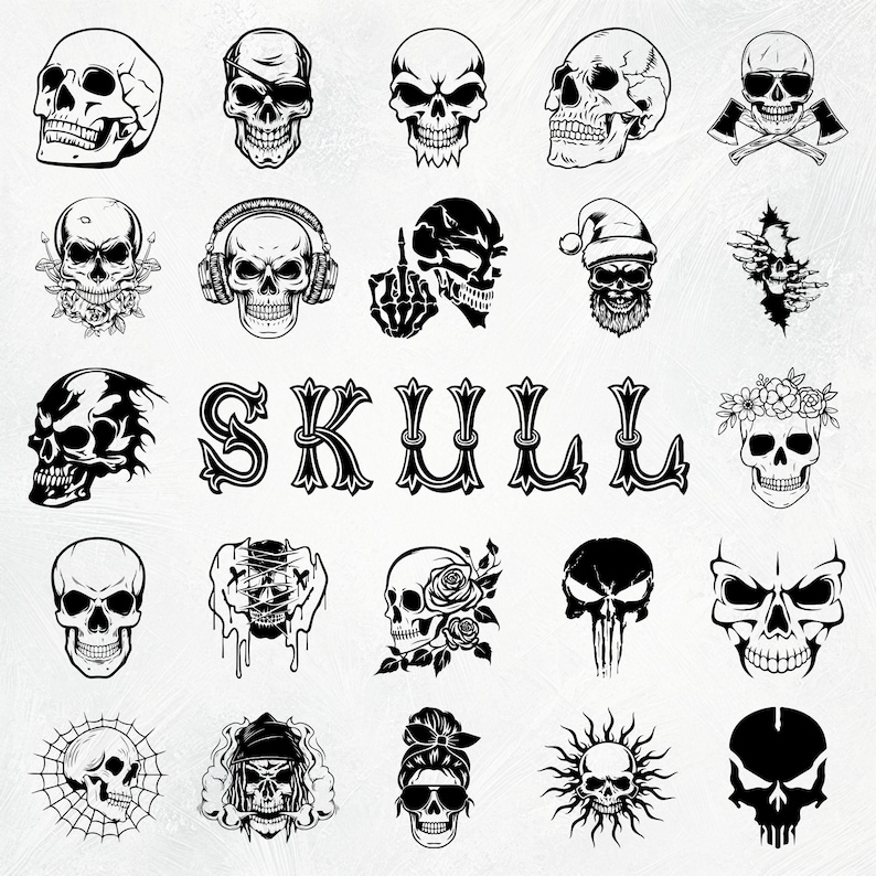 K&ouml;nnte beinhalten: Eine Sammlung von 25 schwarzen und wei&szlig;en Sch&auml;del-Illustrationen. Die Sch&auml;del sind in verschiedenen Stilen gehalten, darunter Pirat, Biker und traditionell. Das Wort "SKULL" ist oben im Bild in einer dekorativen Schriftart geschrieben.