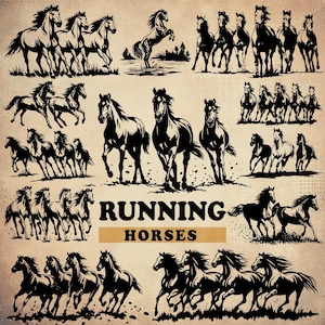 Könnte beinhalten: Schwarz-weiße Silhouette-Illustrationen von Pferden im Galopp. Das Bild trägt den Titel "Running Horses".