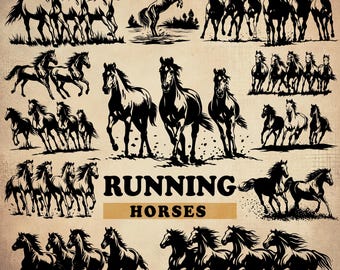 May include: Black and white silhouette illustrations of horses running. The image is titled "Running Horses".