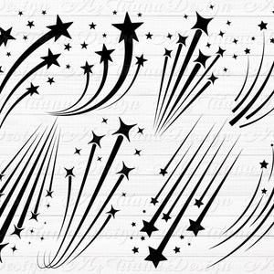 Puede incluir: Un conjunto de ilustraciones de estrellas fugaces en blanco y negro con varios diseños. Las estrellas son todas puntiagudas y tienen una cola que se arrastra detrás de ellas.