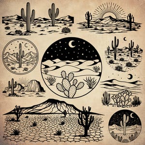 Woestijnlandschap SVG bundel, woestijn scène Svg, westelijke woestijn Svg, woestijn gravure Svg, woestijn omtrek, cactus Svg, woestijnlandschap png
