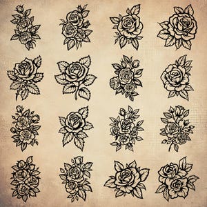 May include: A set of 16 black and white rose flower illustrations. The roses are drawn in a vintage style with intricate details. The illustrations are perfect for use in scrapbooking, card making, or other craft projects.