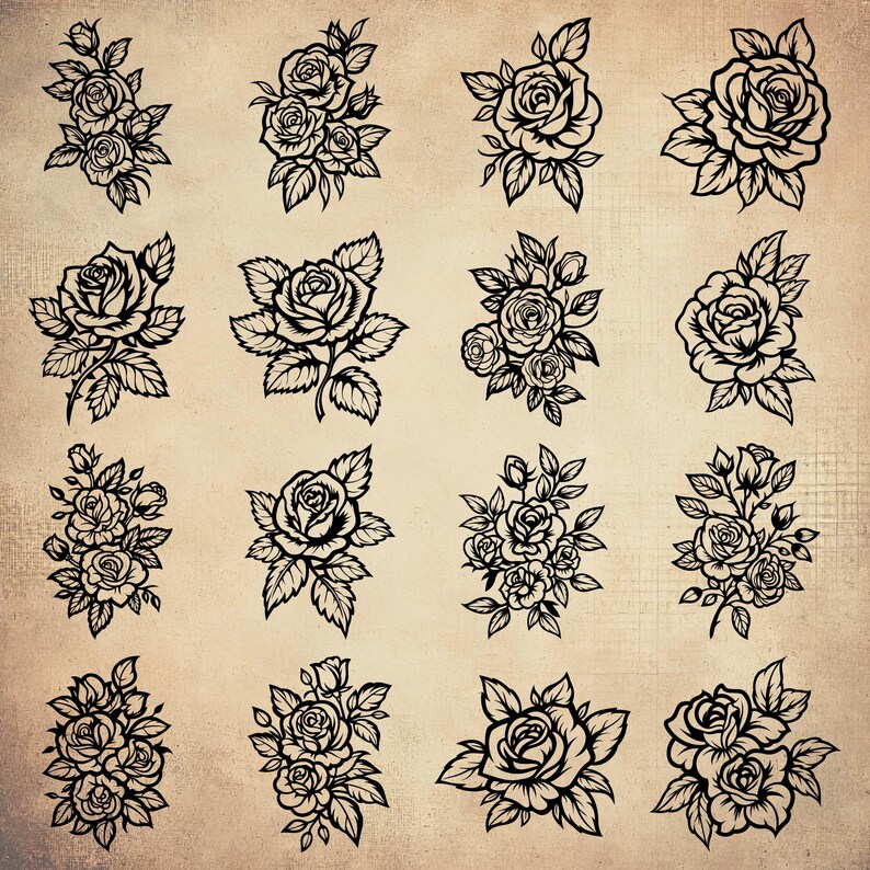 May include: A set of 16 black and white rose flower illustrations. The roses are drawn in a vintage style with intricate details. The illustrations are perfect for use in scrapbooking, card making, or other craft projects.