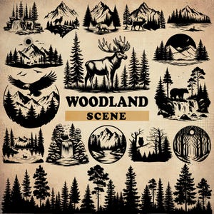 May include: A collection of 20 black and white silhouette illustrations of woodland scenes. The illustrations feature mountains, trees, animals, and other natural elements. The text "Woodland Scene" is displayed in the center of the image.