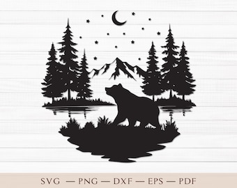 Bear SVG, Bear Nature Svg, Bear Svg, Forest Svg, Bear in Woods, Bear in Trees, Mountain Bear Svg, Mountain Forest Svg