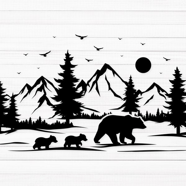 Mountain SVG, Bear Family Svg, Mountain Forest Svg, Forest Svg Cricut, Landscape Svg, Pine Trees Svg, Camping Svg, Mountain Silhouette Svg