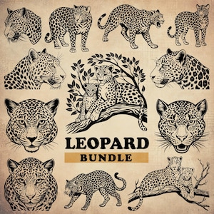 May include: A set of ten black and white leopard illustrations. The leopards are in various poses, including walking, sitting, and lying down. The illustrations are in a vintage style and would be perfect for use in a variety of projects.