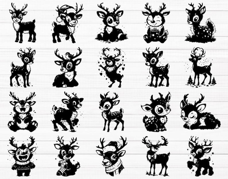 May include: A collection of 20 black and white illustrations of reindeer in various poses. Some reindeer are wearing hats, scarves, or other festive accessories. The illustrations are perfect for use in holiday crafts, scrapbooking, or digital design projects.