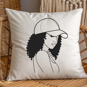 May include: A black and white line drawing of a woman with curly hair wearing a baseball cap. The woman is looking to the side and has a serious expression on her face.