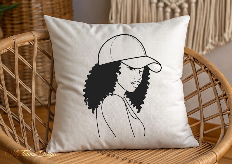 May include: A black and white line drawing of a woman with curly hair wearing a baseball cap. The woman is looking to the side and has a serious expression on her face.