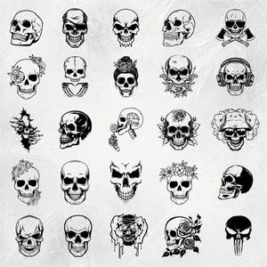 K&ouml;nnte beinhalten: Eine Sammlung von 25 Schwarzwei&szlig;-Sch&auml;del-Illustrationen. Die Sch&auml;del sind in verschiedenen Stilen dargestellt, darunter mit Blumen, H&uuml;ten und anderem Zubeh&ouml;r.