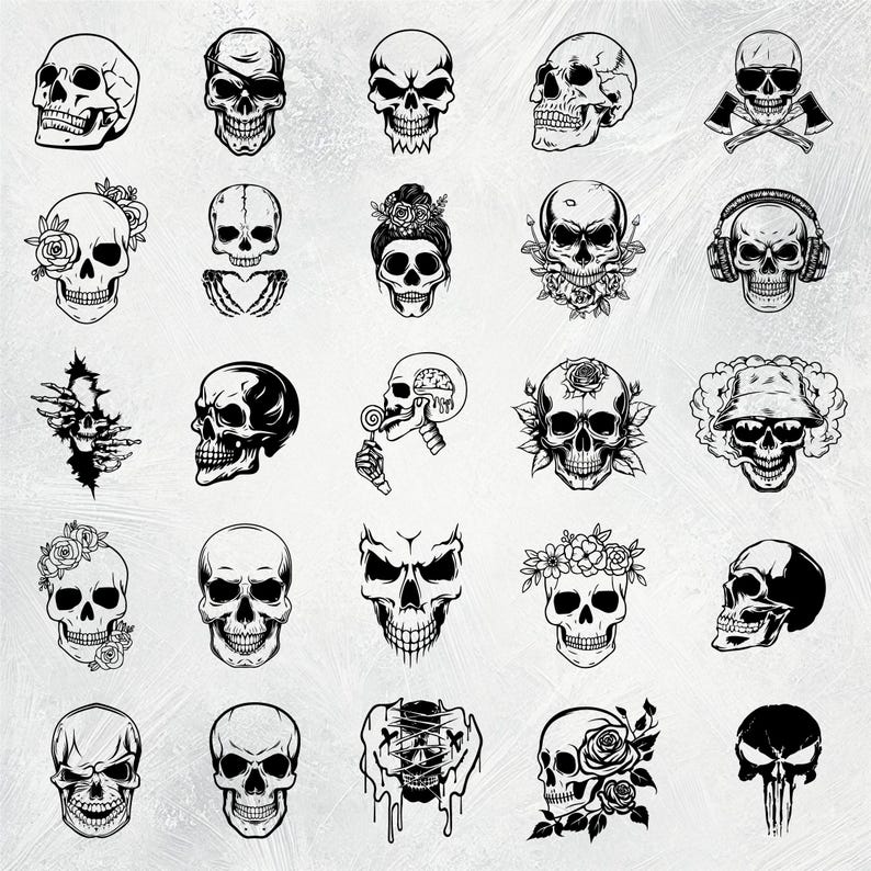 K&ouml;nnte beinhalten: Eine Sammlung von 25 Schwarzwei&szlig;-Sch&auml;del-Illustrationen. Die Sch&auml;del sind in verschiedenen Stilen dargestellt, darunter mit Blumen, H&uuml;ten und anderem Zubeh&ouml;r.