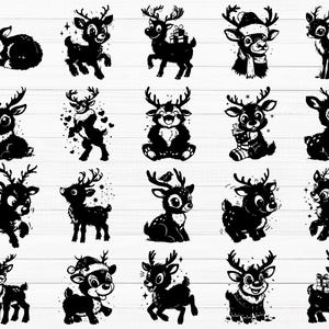 May include: A collection of 20 black and white silhouette illustrations of reindeer in various poses. The reindeer are depicted with antlers, hooves, and some have festive accessories like hats and scarves.