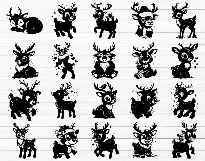 May include: A collection of 20 black and white silhouette illustrations of reindeer in various poses. The reindeer are depicted with antlers, hooves, and some have festive accessories like hats and scarves.