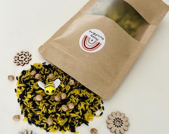 Bee sensory base/ nature tray/ insect play/messy play/ tuff trays/ chick peas/ rice/bumble bee/ flowers/ honey
