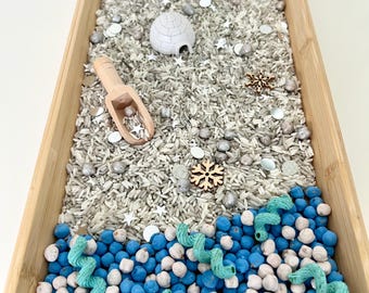 Igloo winter sensory kit/ rice/ chick peas/ winter/ igloo/ snow flakes/ artic/ tuff trays/ sensory bins/EYFS/ early years/ messy play/ pasta