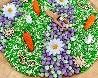 Easter bunny sensory kit/ coloured rice/ chickpeas/ Easter bunny/ rabbit/ spring/ tuff tray/ sensory bin/ pastel/ leaves/ flowers/ carrots