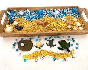 Turtle life cycle sensory kit/ tuff tray/ turtle/ ocean/ learning/ education/messy play/ tuff trays/ chick peas/ rice/ learning/ earlyyears