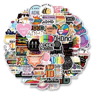 50 verschillende ADHD-stickers Levendig kleurrijk, alleen positieve sfeer, bewustzijn van geestelijke gezondheid, liefde verspreiden, waterdicht vinyl. Geen herhalingen. LIEFDE