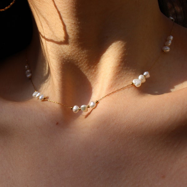 Elegant cultured pearl necklace in stainless steel - Freshwater pearls - La Roseraie