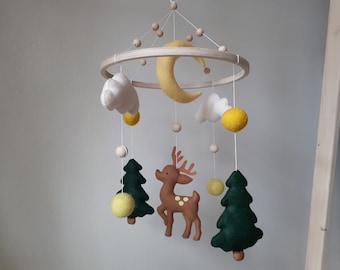 Baby crib mobile woodland nursery decor girl, forest baby mobiles boy, hanging mobile with deer, pregnancy gift for first time moms