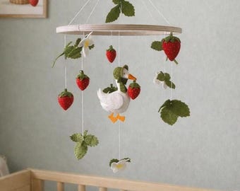 Goose Baby Mobile, Strawberry Crib Mobile, Felt Nursery Decor, Handmade Baby Gift