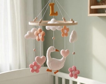 Personalized Goose Baby Mobile, Felt Nursery Mobile with Name, Swan Mobile, Baby Girl Crib Mobile, Floral Neutral Nursery Decor
