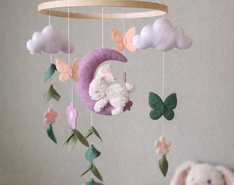 Felt Baby Mobile Moon Bunny, Floral Nursery Mobile, Rabbit Crib Mobile, Butterfly Mobile, Girl Nursery Decor, Baby Shower Gift