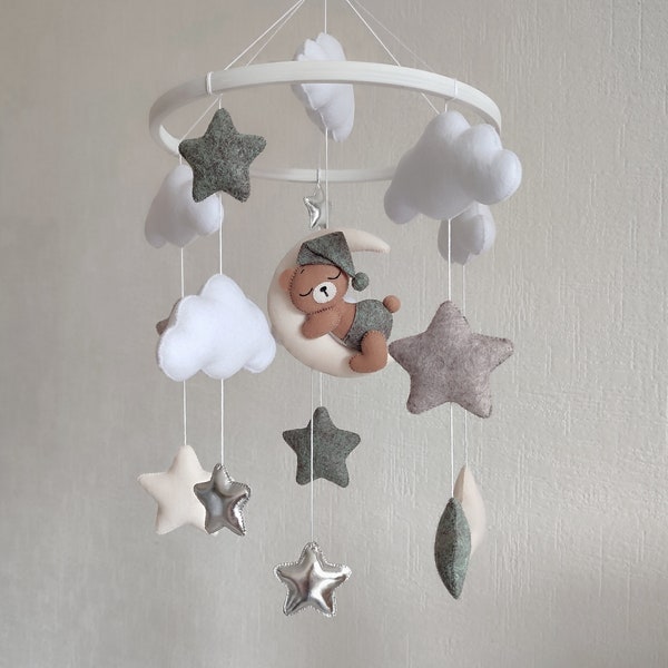 Bären Mobile für Baby Kinderzimmer Dekor Wald, hängende Mobile für Krippe, Baby Mobiles neutral, werden Mama Geschenk, Sterne und Wolken Kinderzimmer Dekor