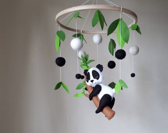 Bear baby mobile Panda nursery decor, hanging woodland mobile for crib, expecting mom gift, pregnancy gift, panda gifts for baby