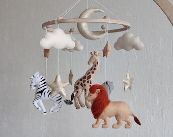 Safari baby crib mobile, Africa animals nursery decor, jungle cot mobile neutral, expecting mom gift, unique new baby gift, pregnancy gift