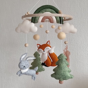 Woodland baby crib mobile with fox, deer, hare & rainbow, hanging cot mobile for forest nursery decor girl or boy, unique new baby gift
