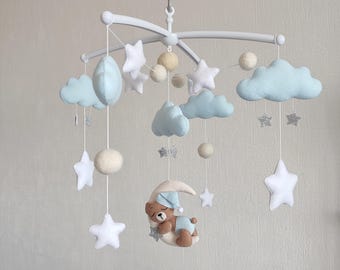 Bear mobile baby nursery decor woodland, hanging mobile for crib, baby mobile boy, expecting mom gift, stars & clouds nursery decor