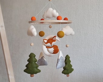 Fox on the moon mobile baby, Woodland nursery mobile, felt hanging crib mobile, expecting mom gift, forest nursery decor girl, new baby gift