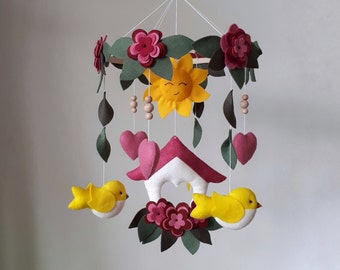 Baby crib mobile Flowers & birds nursery decor, hanging mobile, pregnancy gift, expecting mom gift, postpartum gift, unique new baby gift