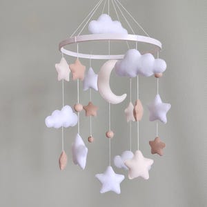 Moon, Star and Cloud mobile baby nursery decor girl, felt cot mobile, space hanging mobile for crib, personalized baby shower gift,