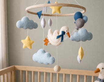 Goose Baby Mobile Felt, Cloud Stars Nursery Decor, Neutral Crib Mobile, Baby Boy Room Decor, Handmade Newborn Gift, Blue Gray Mobile