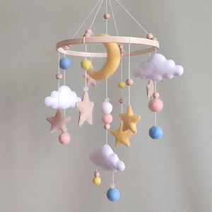 Moon and Stars Felt Mobile: Neutral Nursery Decor