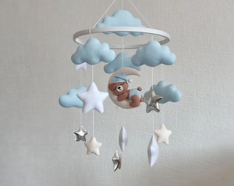 Bear mobile baby nursery decor woodland, hanging mobile for crib, baby mobile neutral, expecting mom gift, stars & clouds nursery decor