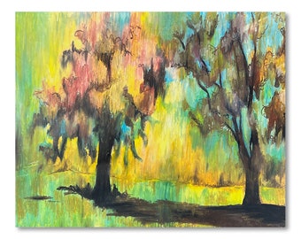 Fall Colors, Oil Pastel Drawing on Paper, 16" x 20" Original Artwork, Vibrant Landscape with Trees