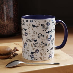 Blue Floral Bird Mug: Cottagecore Ceramic Coffee Cup
