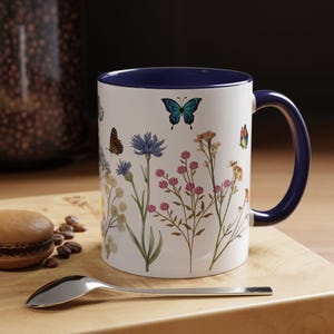 Floral Butterfly Coffee Mug, Spring Garden Tea Cup, Nature Lover Gift, Botanical Kitchen Decor, Christmas gift Butterfly Mug, Monarch Mug