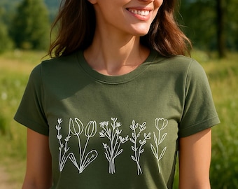 Minimalist Floral Line Art T-Shirt: Boho Wildflower Graphic Tee