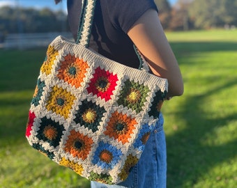 Colorful Handmade Crotchet Flower Tote Bag, Granny Square Crotchet Bag, Boho Crotchet Bag, Flower Pattern Crotchet Tote