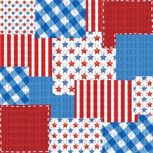 Puede incluir: Un paquete de papel digital con nueve patrones diferentes en rojo, blanco y azul. Los patrones incluyen estrellas, rayas y cuadros.