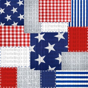 Puede incluir: Un diseño de patchwork con varios patrones patrióticos. El diseño incluye campos azules con estrellas blancas, cuadros rojos y blancos, purpurina plateada, campos rojos y rayas azules y blancas. El texto "CGMarketingCo DO NOT COPY" es visible.