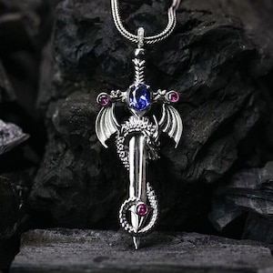 Men Dragon Necklace, Unisex Silver Sword Pendant, Warrior Jewelry, Animal Necklace, Fantasy Charm Necklace, Men Silver Accessory Gift