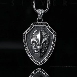 Silver Fleur De Lis Necklace, Oxidized Lily Flower Necklace, Unisex Ebony Wood Necklace, French Pendant, Fantasy Charm Necklace
