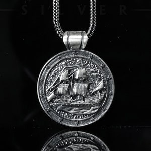Handmade Ship Necklace, Silver Charm Nautical Necklace, Mens Necklace, Maritime Jewelry, Adventurer Pendant, Valentines Necklace